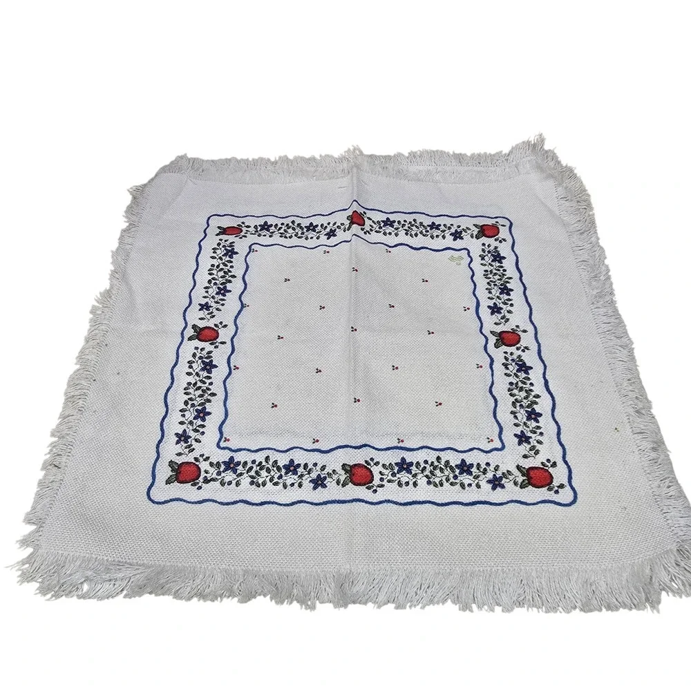 Vintage Square Table Topper‎ White Fringed Apple Blue Floral Cross Stitch 16x16